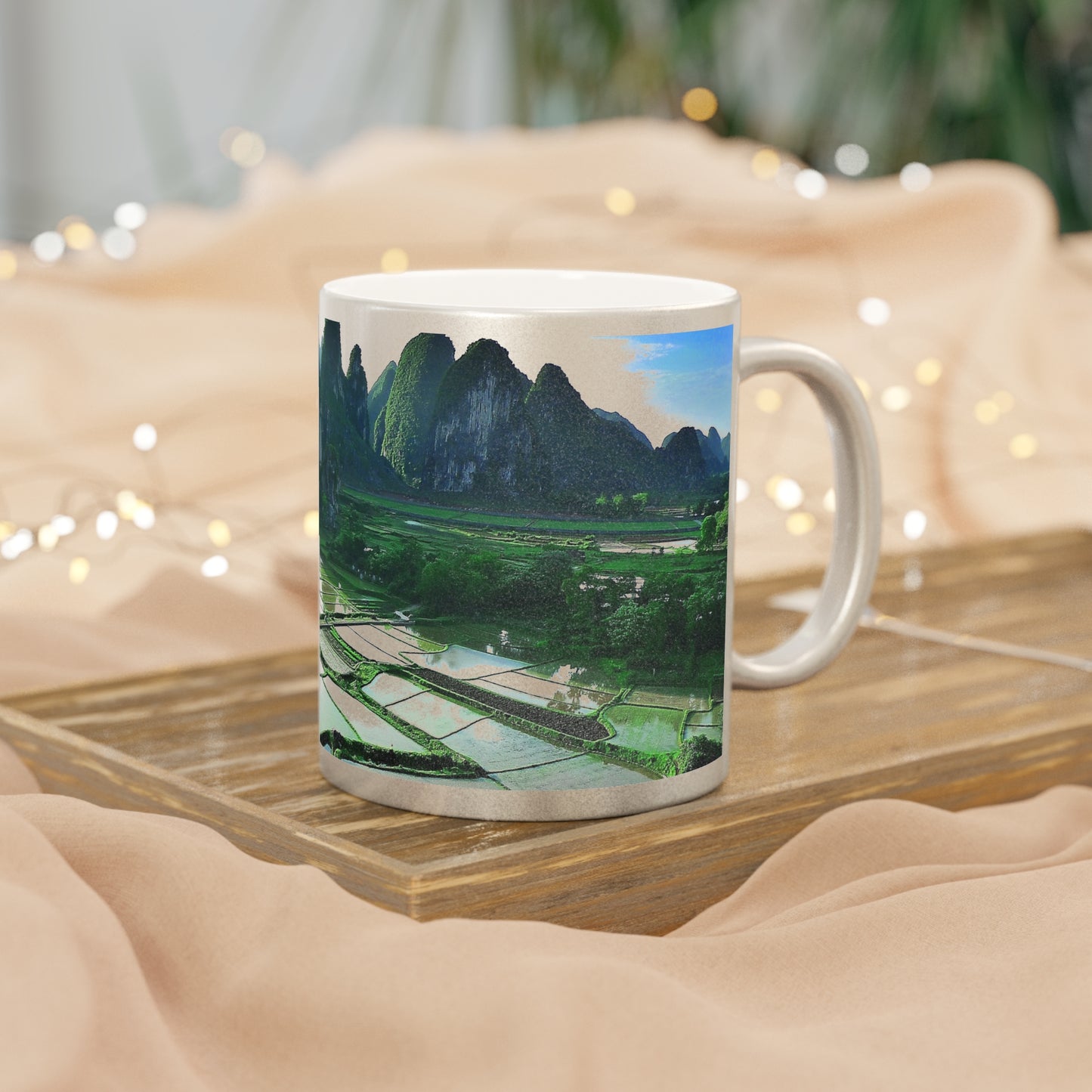 Serene Landscape Metallic Mug - Gold/Silver Coffee Cup, Nature Lover Gift, Travel Mug, Unique Home Decor, Eco-Friendly Drinkware