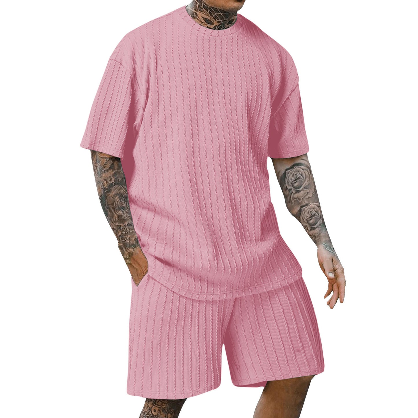 Men's Sports Solid Color Round Neck Pullover Vertical Pattern T-shirt Two-piece Set