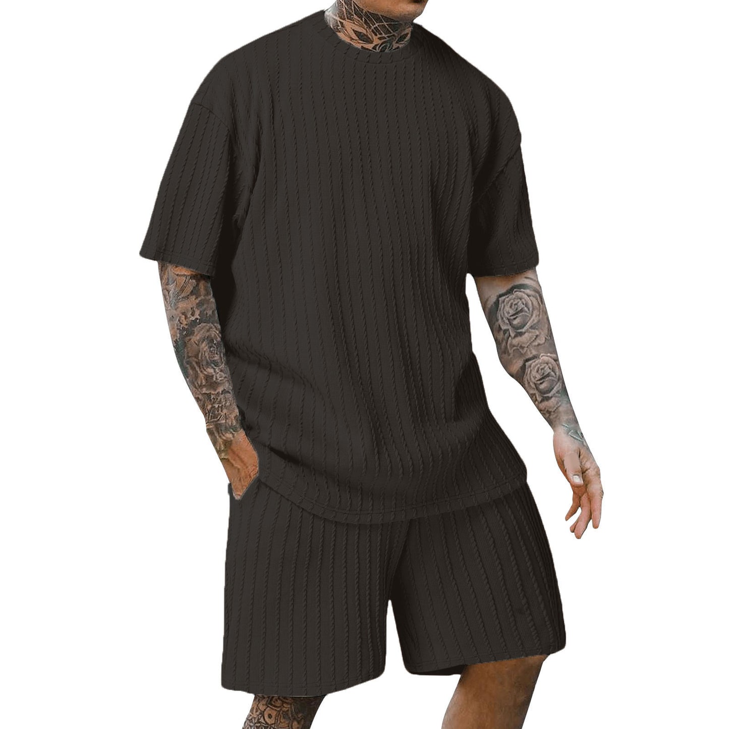 Men's Sports Solid Color Round Neck Pullover Vertical Pattern T-shirt Two-piece Set