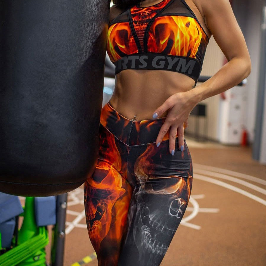 Women's Flame Print Exercise Yoga Clothes Suit