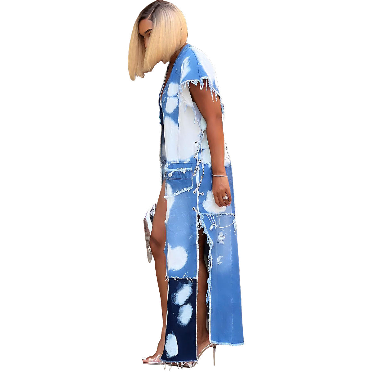 2 Pieces Casual Street Style Loose Fit Sport Eye Chain Denim Coat For Women