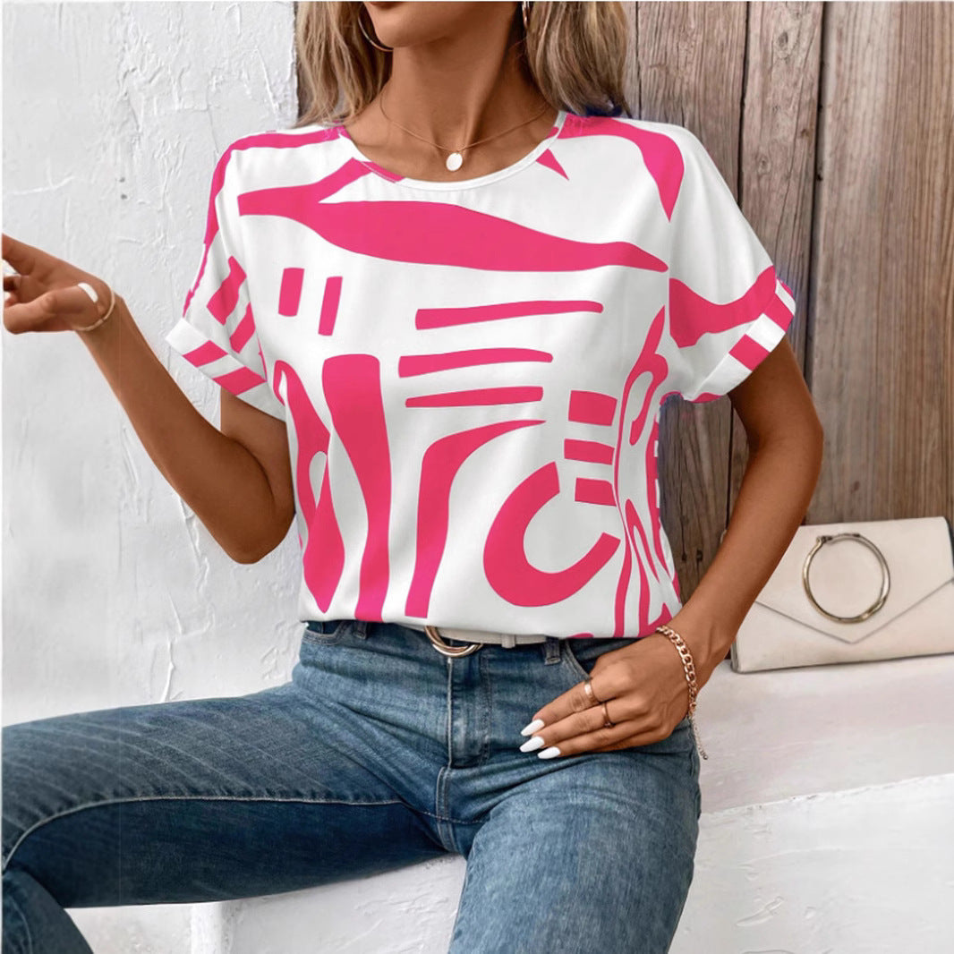 Batwing Sleeve Round Neck Geometric Printed Shirt For Women