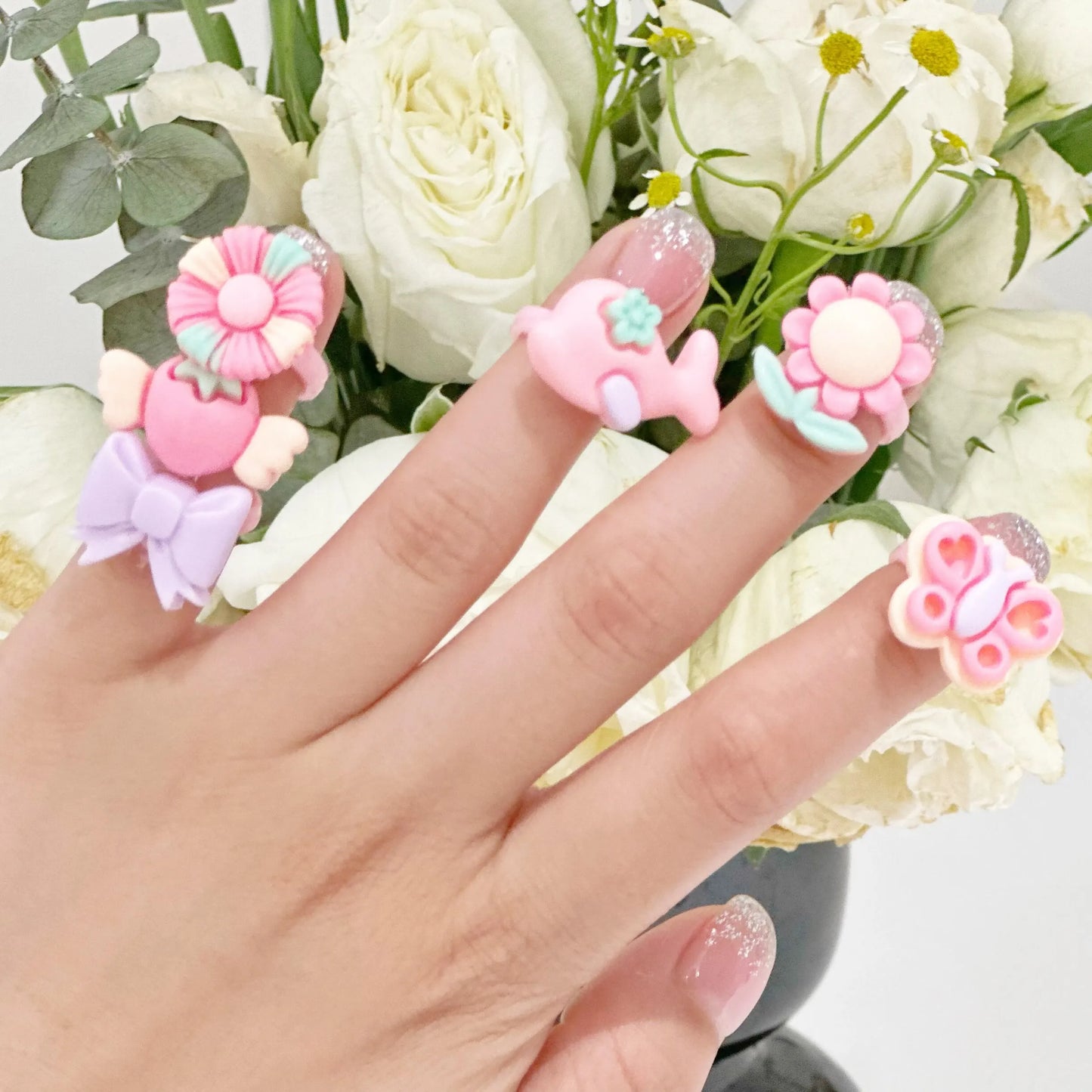 36Pcs Kids Cute Rings Resin Cartoon Jewelry Flower Shape Adjustable Ring Set Girl Gifts