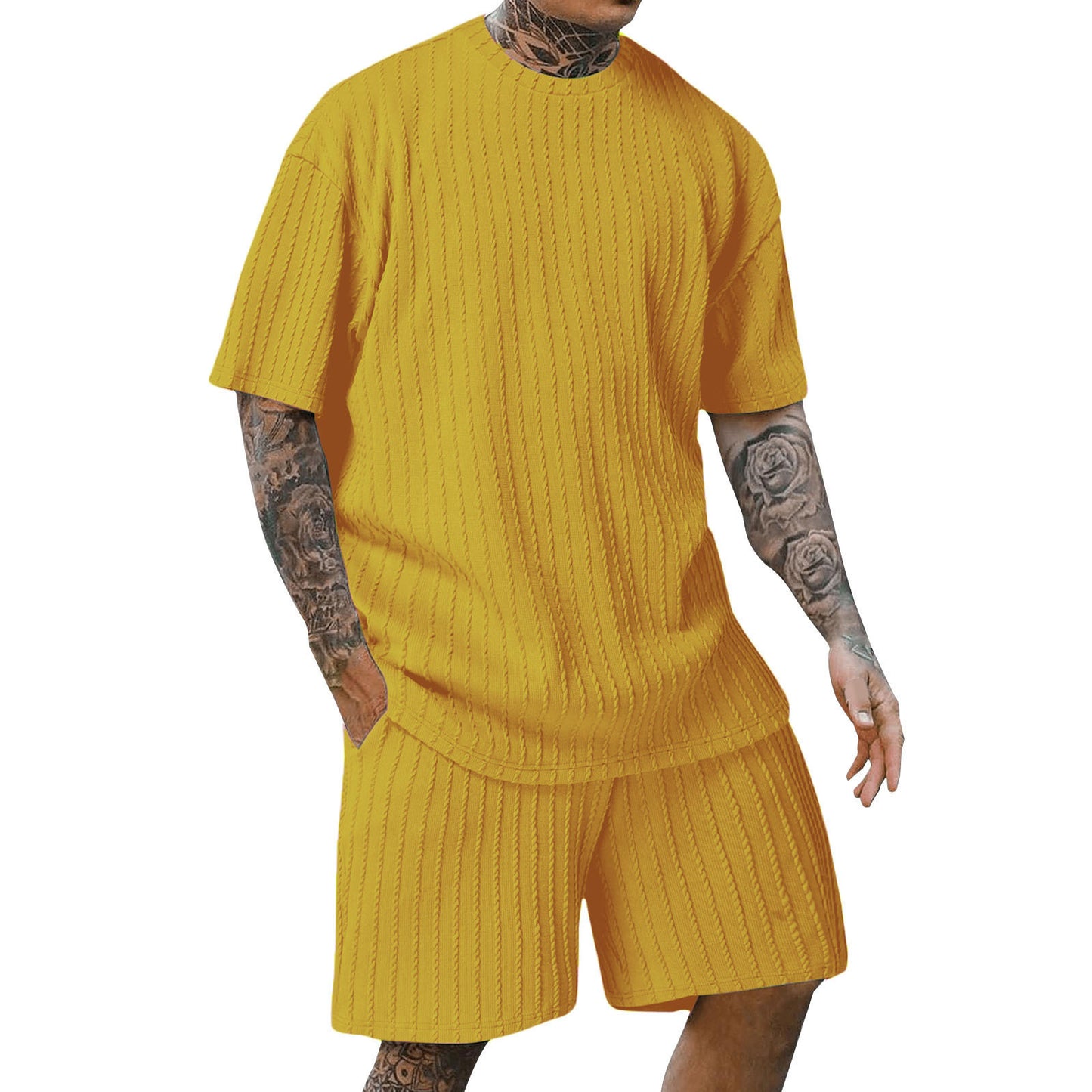 Men's Sports Solid Color Round Neck Pullover Vertical Pattern T-shirt Two-piece Set