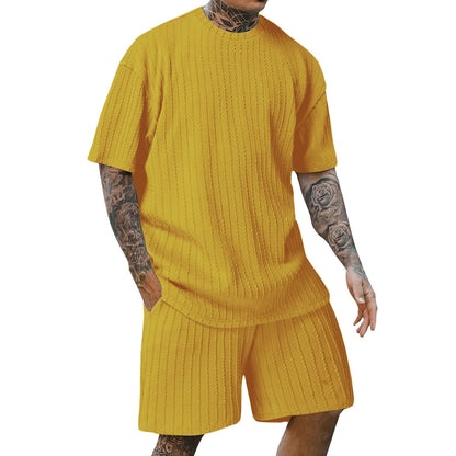 Men's Sports Solid Color Round Neck Pullover Vertical Pattern T-shirt Two-piece Set