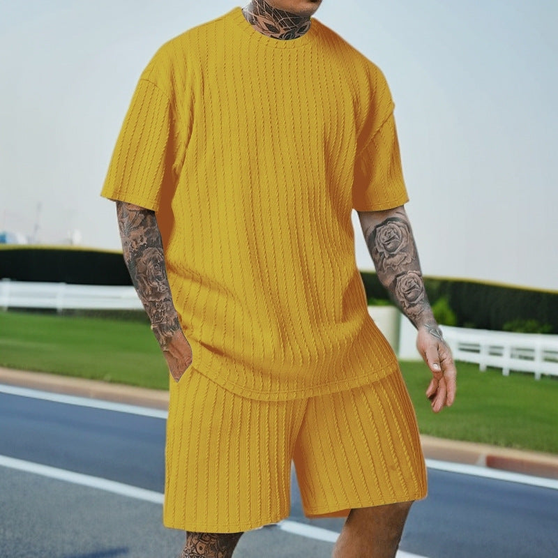 Men's Sports Solid Color Round Neck Pullover Vertical Pattern T-shirt Two-piece Set