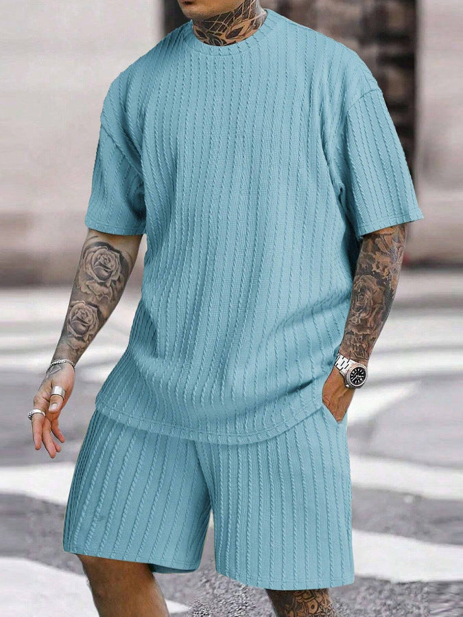 Men's Sports Solid Color Round Neck Pullover Vertical Pattern T-shirt Two-piece Set