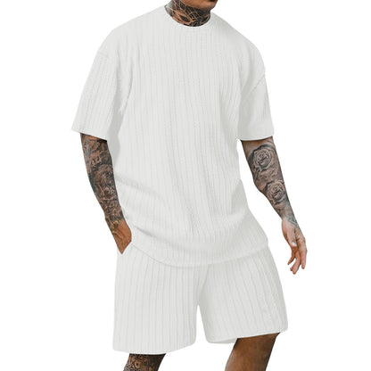 Men's Sports Solid Color Round Neck Pullover Vertical Pattern T-shirt Two-piece Set