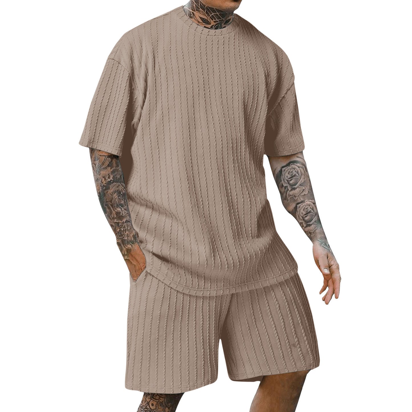 Men's Sports Solid Color Round Neck Pullover Vertical Pattern T-shirt Two-piece Set