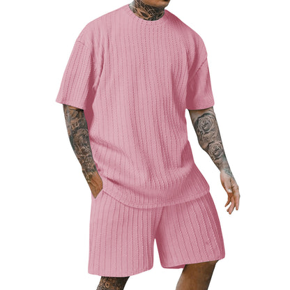Men's Sports Solid Color Round Neck Pullover Vertical Pattern T-shirt Two-piece Set