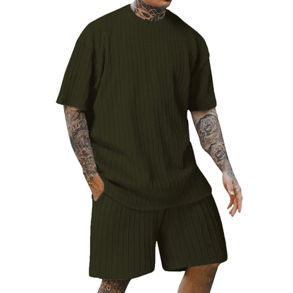 Men's Sports Solid Color Round Neck Pullover Vertical Pattern T-shirt Two-piece Set