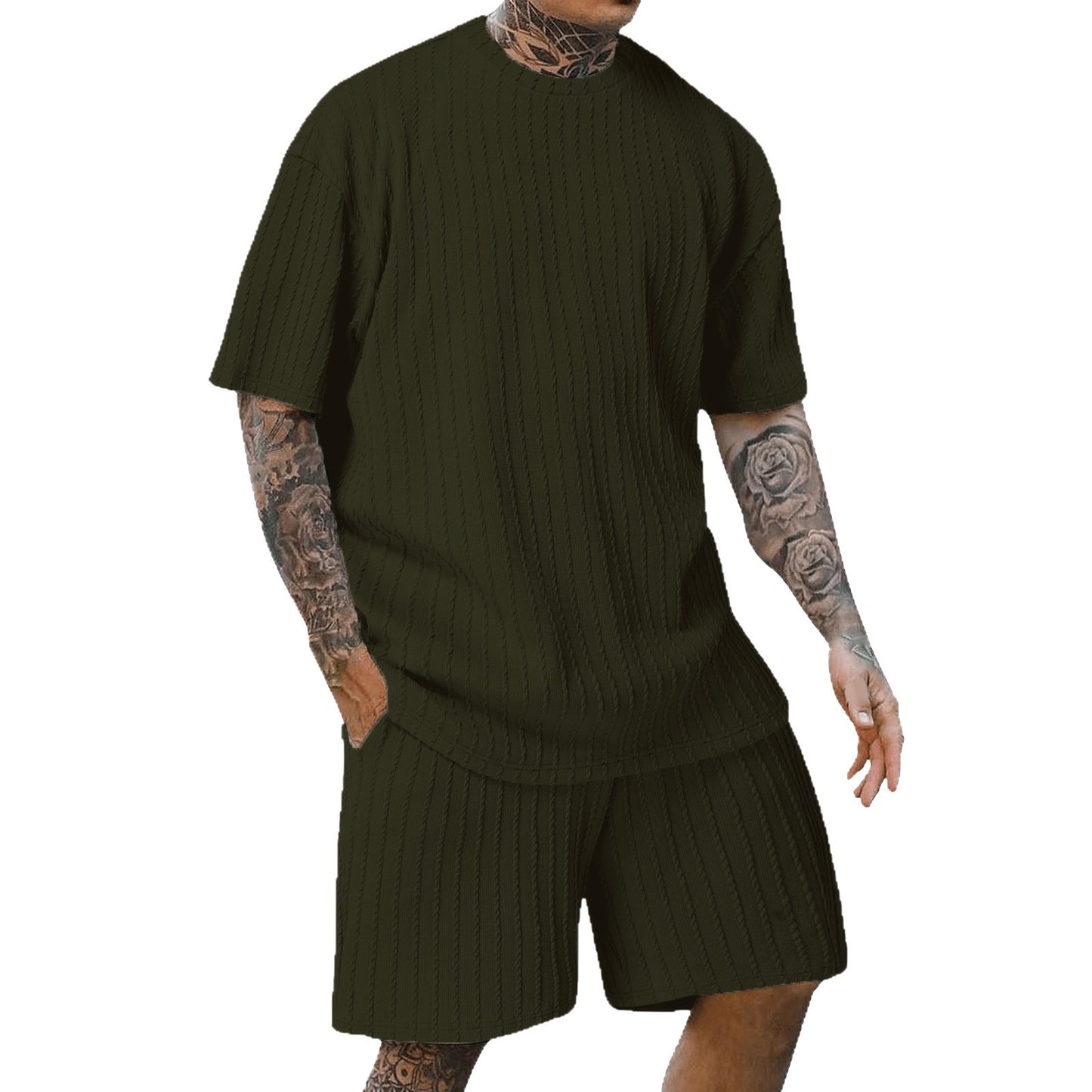Men's Sports Solid Color Round Neck Pullover Vertical Pattern T-shirt Two-piece Set