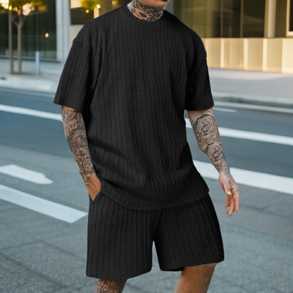 Men's Sports Solid Color Round Neck Pullover Vertical Pattern T-shirt Two-piece Set