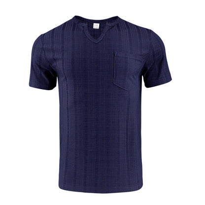 Men's Artificial Linen Bamboo Loose Casual Breathable V-neck Solid Color Short Sleeve