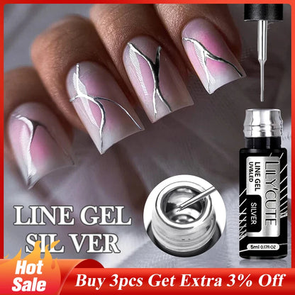 LILYCUTE 5ml Metallic Liner Gel Nail Polish Chrome Super Bright Mirror Effect Painting Drawing Line French Gel Nail Art Varnish
