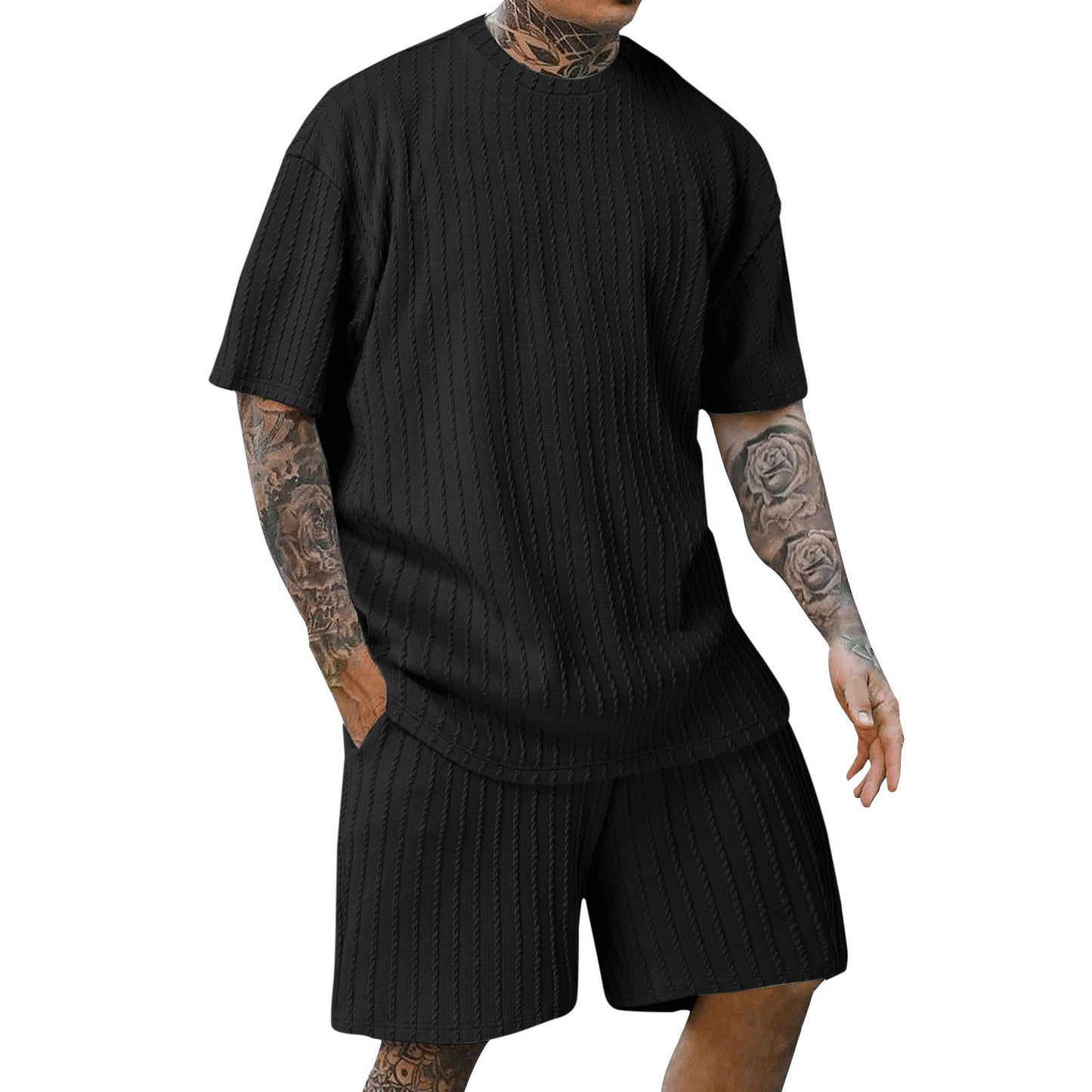 Men's Sports Solid Color Round Neck Pullover Vertical Pattern T-shirt Two-piece Set
