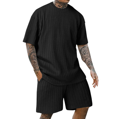 Men's Sports Solid Color Round Neck Pullover Vertical Pattern T-shirt Two-piece Set