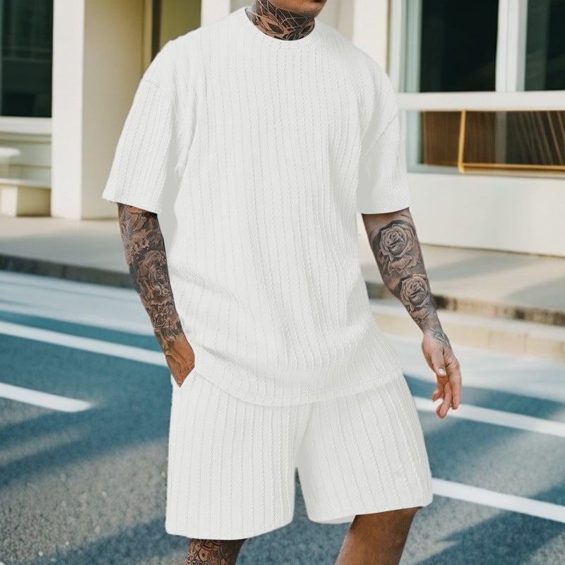 Men's Sports Solid Color Round Neck Pullover Vertical Pattern T-shirt Two-piece Set